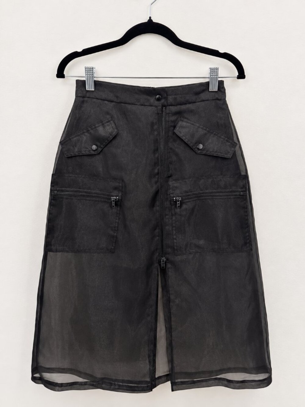 DKNY Black Organza Zip Front Cargo Midi Skirt Size 0